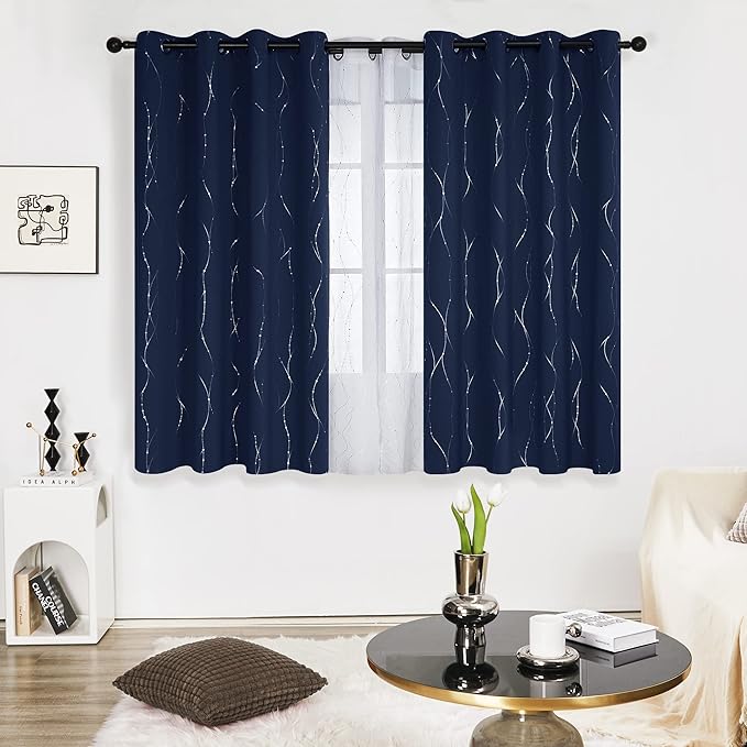 Deconovo Blackout Curtains 63 Inch Length 2 Panels, Navy Blue Curtain, Thermal Insulated Soundproof Privacy Curtain with Silver Wave Dots Print, Machine Washable Window Panel for Bedroom Nursery - Image 2