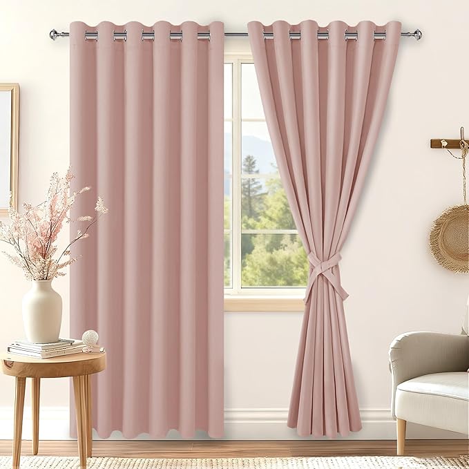 Hiasan Room Darkening Curtains for Bedroom, 70 x 84 Inches - Blackout Thermal Insulated Window Drapes for Living Room/Dorm Room, Set of 2 Panels Sewn with Tiebacks, Blush by Hiasan