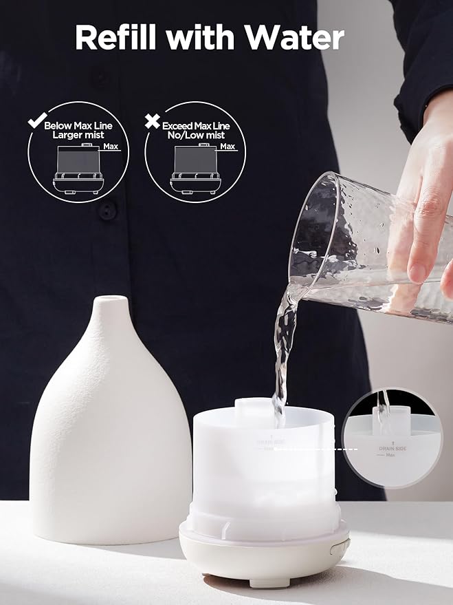 InnoGear Oil Diffuser, 150ML Ceramic Diffuser for Essential Oils Handcrafted Aromatherapy Diffuser Ultrasonic Cool Mist Humidifier with 2 Mist Modes Waterless Auto Off for Room Office, White Base - Image 8