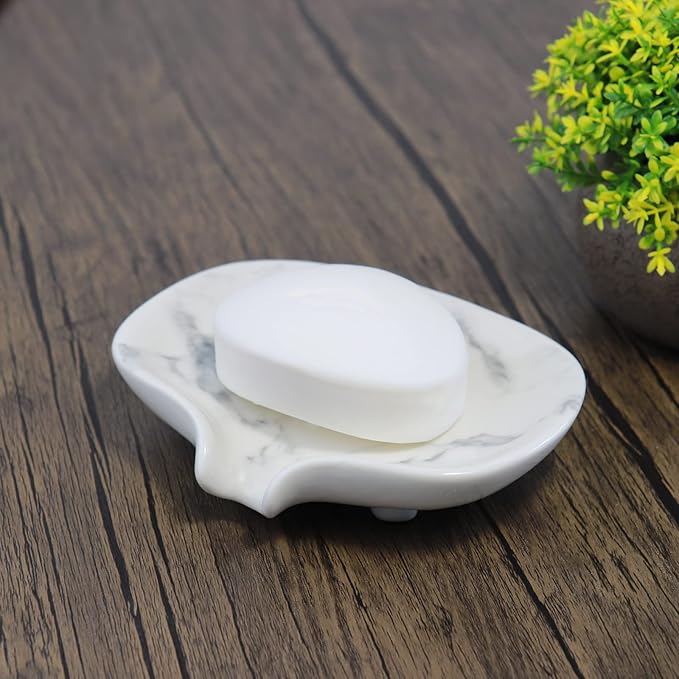 Ceramic Marble Texture Soap Dish, Self Draining Slot, Portable for Shower, Bathroom & Kitchen Sink - Image 7