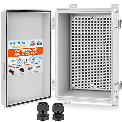 TICONN Outdoor Electrical Box Waterproof, Junction Box IP67 ABS Plastic Enclosure with Hinged Cover with Mounting Plate, Wall Brackets, Cable Glands (Off-White, 10.2"x6.3"x3.9") by TICONN