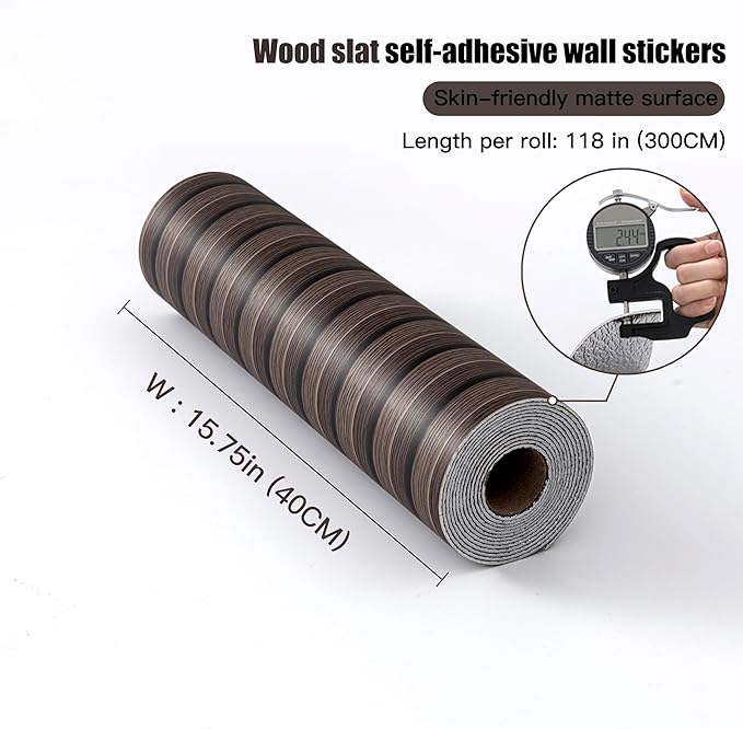 Peel and Stick PVC Slat Wall Panels, Wood Grain Self-Adhesive Soundproof Moisture-Resistant Paneling, 3D Faux Wood Panels for Bedroom Bathroom Walls & Ceilings 118"x15.75"(Dark Walnut,13Sq.ft) - Image 3