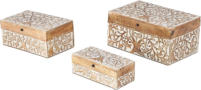 Deco 79 Mango Wood Floral Decorative Box Decorative Keepsake Boxes with Hinged Lid, Set of 3 Storage Boxes 8", 10", 12"W, Brown by Deco79