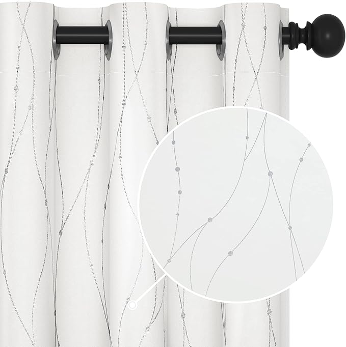 Deconovo White Short Curtains, Room Darkening Curtain, Thermal Insulated Soundproof Drapes, Wave Dots Silver Print, 42 x 54 Inch, Grommet Top, Window Panels for Living Room Bedroom Kitchen, Set of 2 by Deconovo