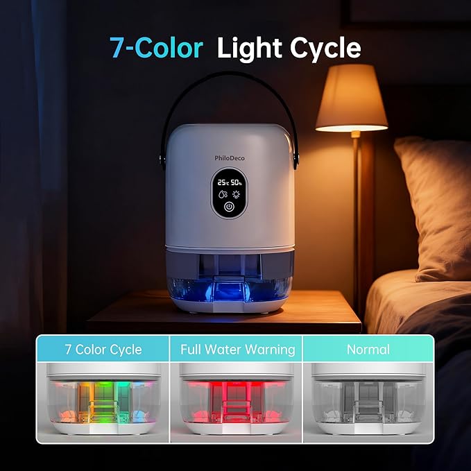 PHILODECO 280 Sq. Ft 35 OZ Dehumidifier, Portable Small Dehumidifiers for Bedroom, Bathroom, Basement,RV with CO mode, Sleep mode, Auto Shut Off, 7 Colorful Lights, White - Image 6