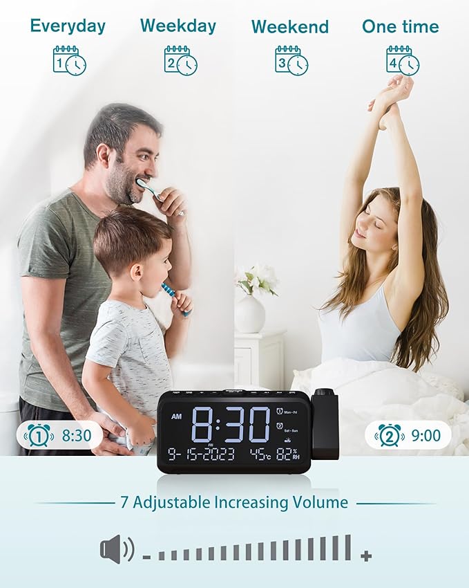 Roxicosly Projection Alarm Clock for Bedroom Ceiling, 118 dB Super Loud for Heavy Sleepers, Dual Alarm with Weekday/Weekend, Adjustable Volume, 6.7" Large Digital Dimmable Display, Easy to Read - Image 4
