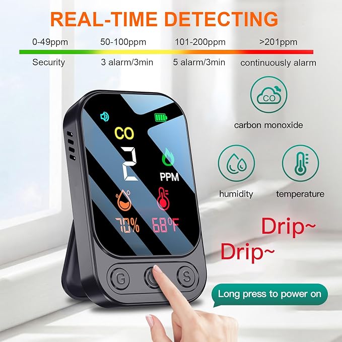 Portable Carbon Monoxide Detectors [3-in-1] Mini Size CO Monitor with Kickstand & Lanyard 85 dB Alarm [CO Temperature Humidity Sensor] for Indoor Outdoor Camping Travel RV Hotel (Dark Grey) - Image 4