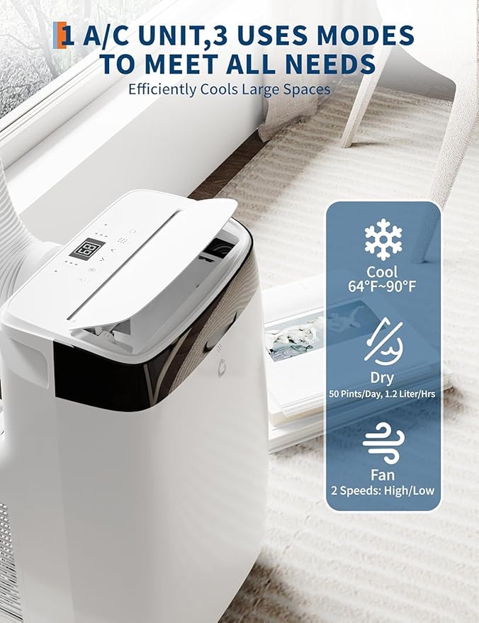 12,000 BTU Portable Air Conditioner - 3 in-1 AC, Fan & Dehumidifier with Remote Control, 24H Timer, Window Installation Kit Included - Cools Up to 550 Sq Ft for Indoor Rooms - Image 2