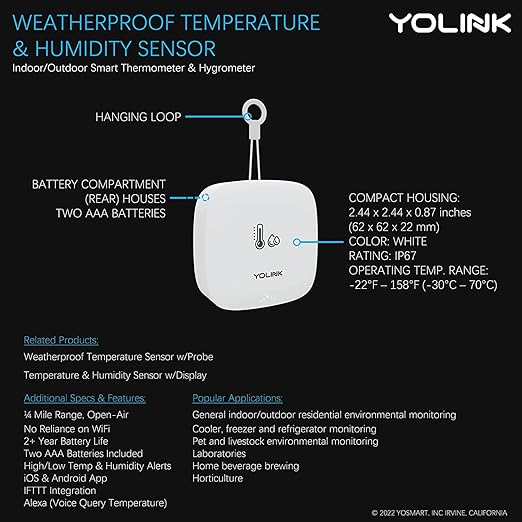 YoLink Smart Outdoor Temperature & Humidity Sensor, Hygrometer, Thermometer, 1000' Long Range, 2+ Years Battery Life, App Alerts, Text/SMS, Email Alerts, Alexa, IFTTT Integration. Hub Included! - Image 8