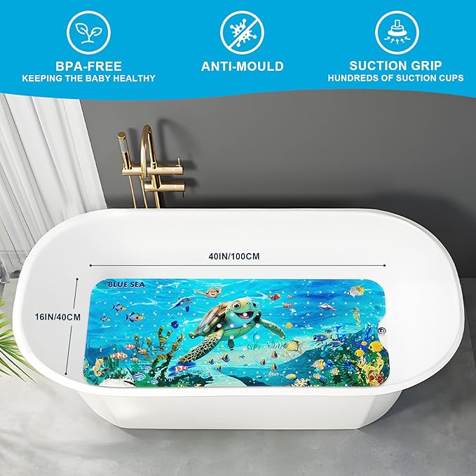 XIYUNTE Baby Bath Mat for Tub Non Slip Kids Bath Mat - 40''x16'' Extra Long Cartoon Bathtub Mat Non Slip Kids Shower Mat Eco-Friendly Toddler Bath Mats with Suction Cups, Machine Washable - Image 2