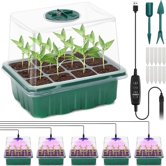 Seed Starter Tray, Plant Propagation Station with Grow Light, Seedling Starter Trays with Timing Controller, Mini Greenhouse Kit with Humidity Domes and Base, Plant Tray for Seeds Growing Starting by Idealife