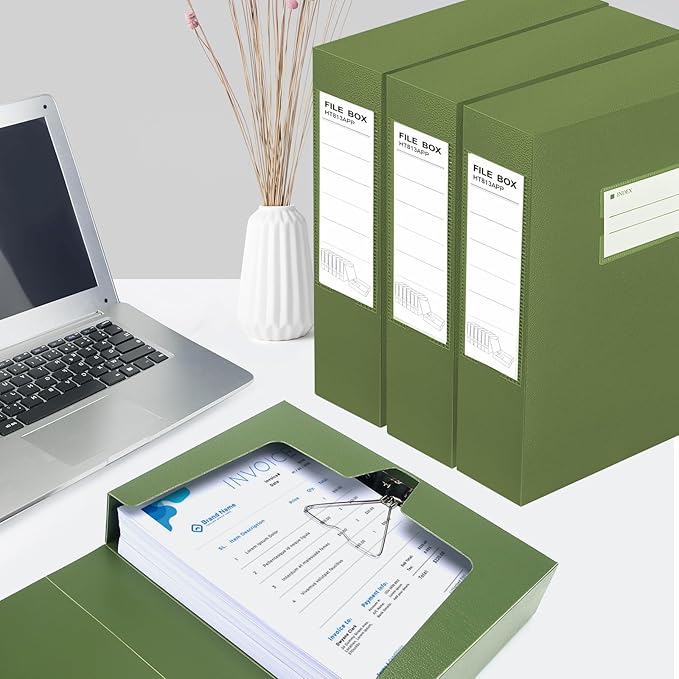 HUA JIE 2 Pack A4 Storage File Boxes Archives Case,65mm Spine,Box File Document Storage Box with Metal Clip for Office School -Green - Image 5