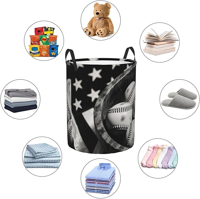 Vintage Baseballs Retro Flag Display Design Round Laundry Hamper Bag - Water-Resistant Oxford Fabric, Handles Medium - Image 6