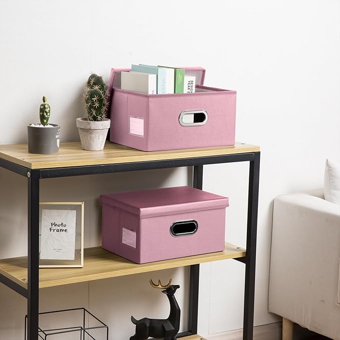 PRANDOM Collapsible Storage Box with Lid [3-Pack] Leather Fabric Foldable Storage Bin Organizer Container Basket Cube with Cover for Home Bedroom Closet Office Nursery Pink(13.6x9.6x6.9) - Image 2
