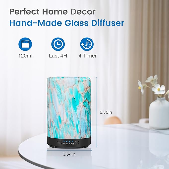 Essential Oil Diffuser, 120ML Glass Aromatherapy Diffuser with 7 Color Lights, Auto Shut-Off and 4 Timer Settings, Ultrasonic Cool Mist Diffuser for Home Room Office (Blue Mountain) - Image 2