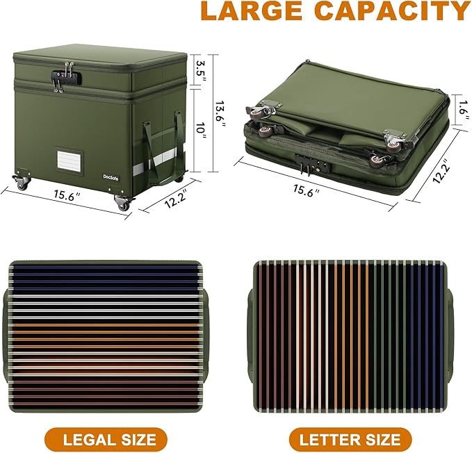 DocSafe File Box with Lock,2-Layer Fireproof Document Box with Wheels,Collapsible Rolling File Storage Organizer with Pockets,Large Portable Home Office Filing Cabinet Safe for Hanging Folders,Green - Image 6