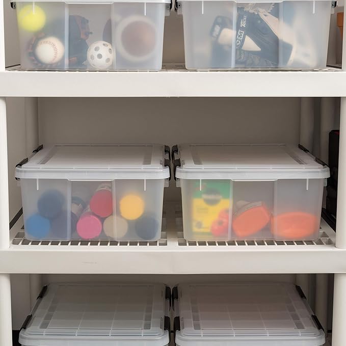 IRIS USA 30.6 Quart WEATHERPRO Plastic Storage Box with Durable Lid and Seal and Secure Latching Buckles, 6 Pack, Weathertight, Keep Pest Dust and Moisture Out, for Oversized Bulky Items, Clear/Black - Image 6