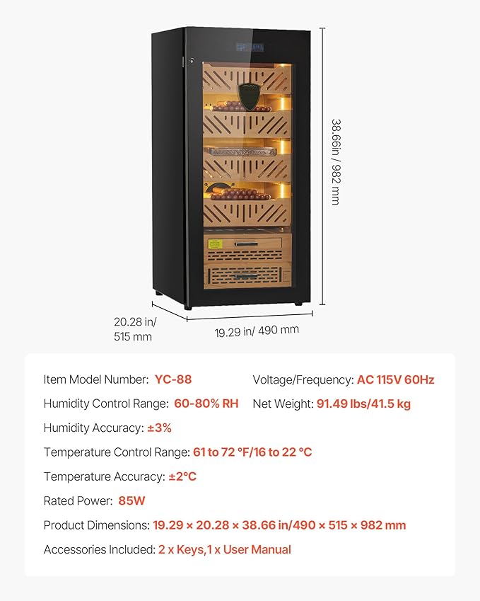 VEVOR Electric Humidor, 88L Cigar Humidor, 1000 Counts Electric Cigar Humidor with Compressor Cooling, Constant Humidity & Temperature Control, Spanish Cedar Wood Shelves & Drawers, for Household - Image 7