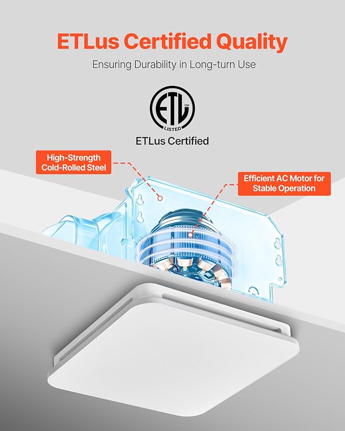 VEVOR Bathroom Exhaust Fan with LED Light, 110 CFM 4000K Bathroom Vent, 1.5 Sones Low-Noise, Premium Motor Ceiling Fan for Laundry Room, Storage Room, Home Ventilation, White - Image 6