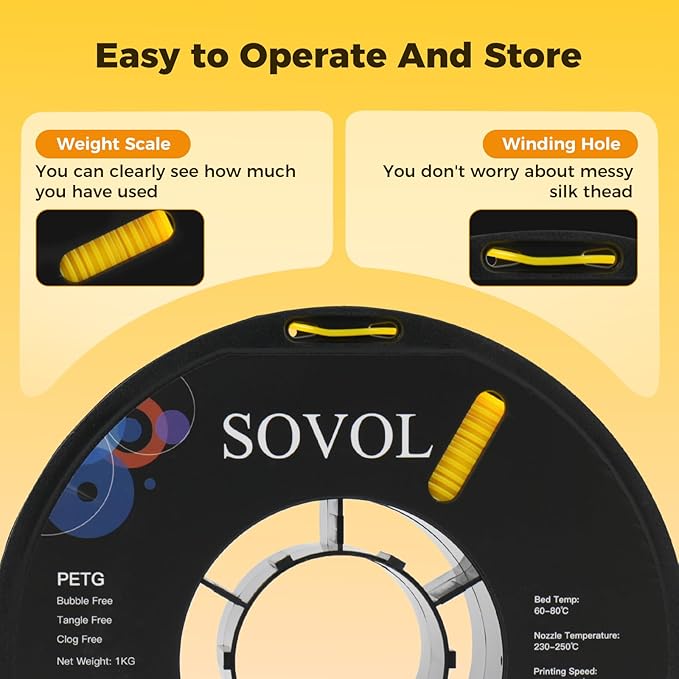 Sovol 3D Printer PETG Filament 1.75mm 1KG (2.2lbs), High Precision, Strong Toughness, Wiring Tightness, Dimensional Accuracy +/- 0.03 mm, 3D Printing PETG Filaments, Yellow - Image 7