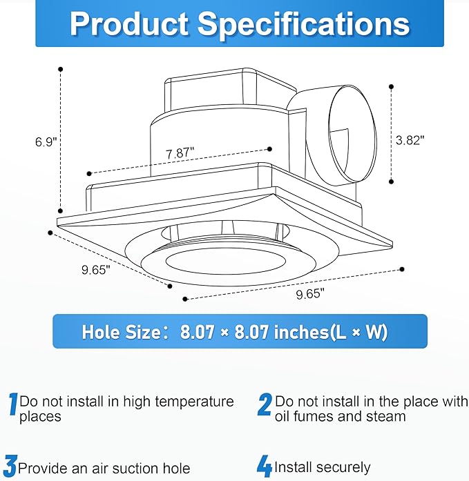 Bathroom Exhaust Fan with Light, 8 Inch Bathroom Ventilation Fan, 110 CFM 1.0 Sones Quiet Exhaust Fan For Home, Exhaust Ventilation Fan Light Combo Ceiling Mount - Image 4