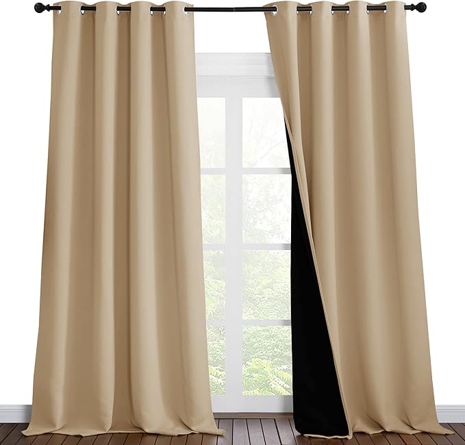 NICETOWN Thermal Insulated 100% Blackout Curtains, Sound Proof Drapes with Black Backing, Full Light Blocking Panels for Patio Sliding Door (Biscotti Beige, 1 Pair, 55 inches x 102 inches) by NICETOWN