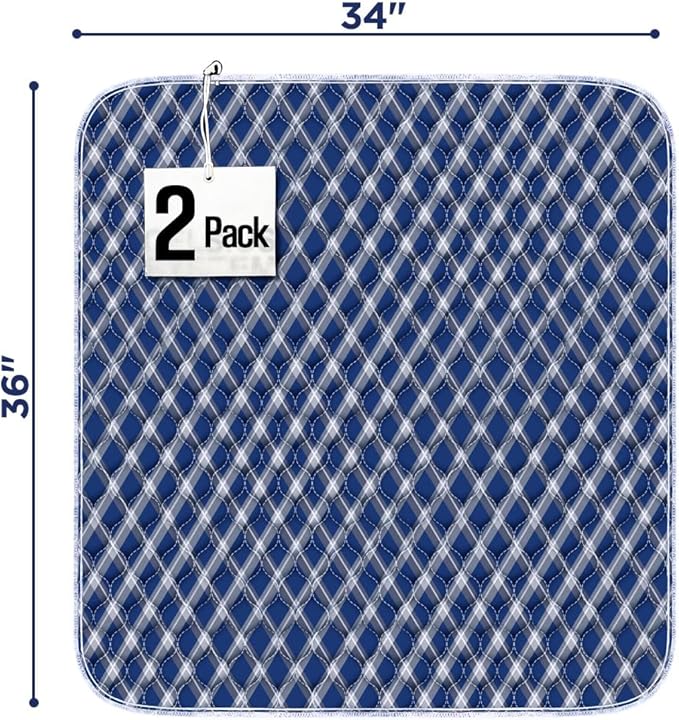 Non-Slip Bed Pads for Incontinence Washable (34" x 36"|2 Pack), Waterproof Bed Pads, Navy Blue Grid, Bed Wetting Pads for Bed, Sofa, Floor, Resuable Underpads for Adults, Seniors, Pet - Image 2