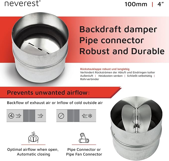 neverest® RK 4" Professional Backdraft Shutter Damper Connector Duct Fits Only with Metal Ducts - Image 2