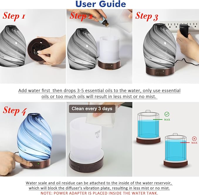 Essential Oil Diffuser Aromatherapy Diffuser -150ml Art Glass Aroma Diffuser for Home Ultrasonic Diffuser with Auto Shut-Off Protection,7 Colors Light for Home Office SPA Decor & Gift (Storm Cloud) - Image 7