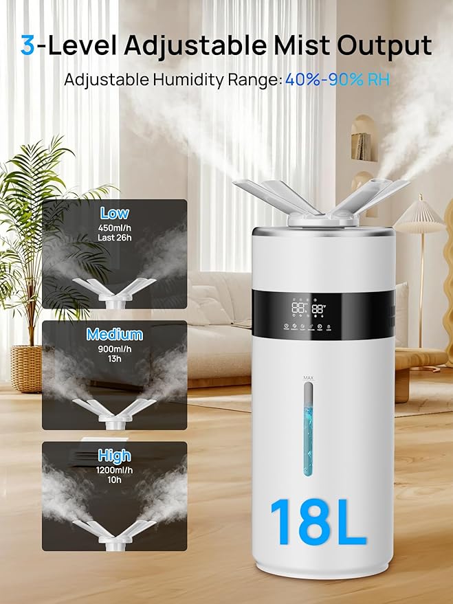 1200ml/h Humidifier for Bedroom up to 2000 sq.ft, 4.8Gal/18L Large Tank Humidifier, 40%-90% Custom Humidity & Replaceable Nozzles, Top Fill Ultrasonic Whole House Humidifiers Large Room Office Indoor - Image 2
