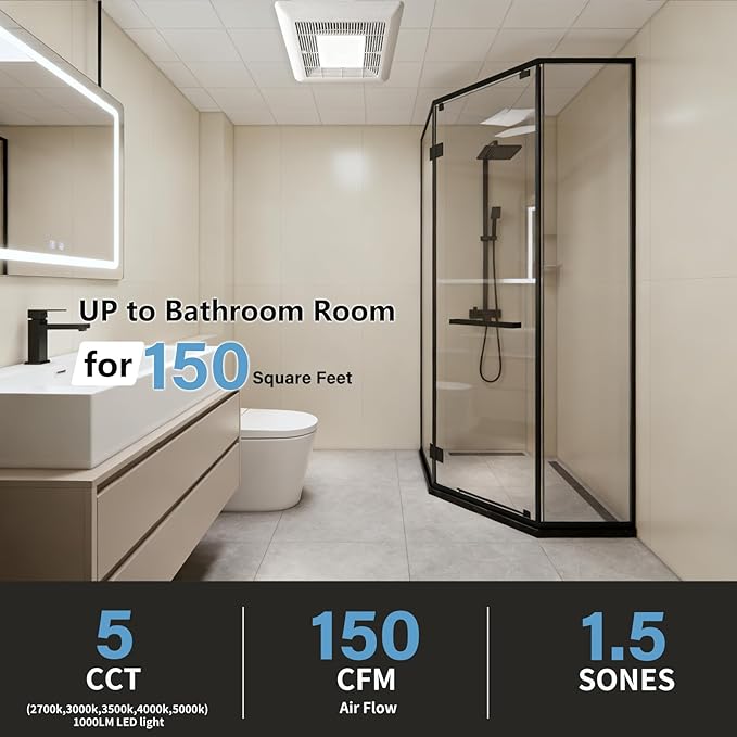 Tech Drive Bathroom Exhaust Fan with Light-150 CFM, 1000lm Dimmable 5CCT LED Light and Night Light Selectable, 6-Inch Duct Super Quiet Ventilation Fan,Easy to Install Ceiling Mounted - Image 4