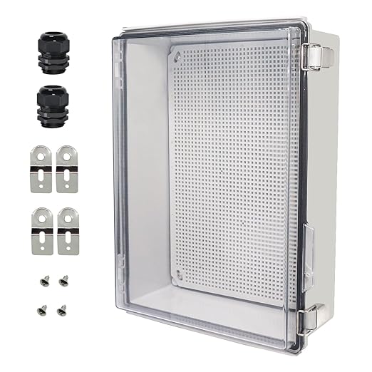 Zulkit Junction Box,IP67 Waterproof Electrical Box Hinged Clear Cover Stainless Steel Buckle Plastic Enclosure for Project w Mounting Plate Wall Bracket and 2 Cable Gland 15"x11"x5.1"/380x280x130mm by Zulkit
