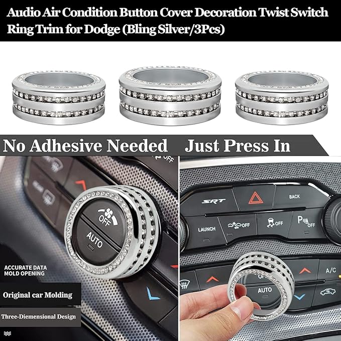 Auprite Climate Control Knob Covers for Challenger Accessories 2015-2023 2024, for Dodge Charger 2015-2023 2024, for Dodge Chrysler 300/300s 2015-2024,3Pcs Kit (Bling Silver) - Image 3