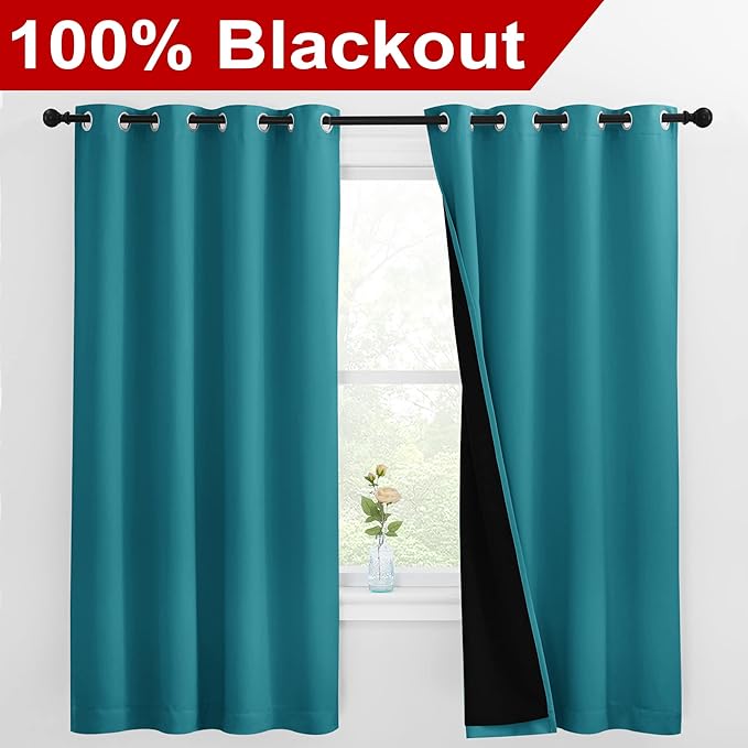 NICETOWN 100% Blackout Curtains with Black Liner, Thermal Insulated Full Blackout 2-Layer Lined Drapes, Energy Efficiency Window Draperies for Bedroom (Peacock Teal, 2 Panels, 55-inch W by 68-inch L) - Image 2