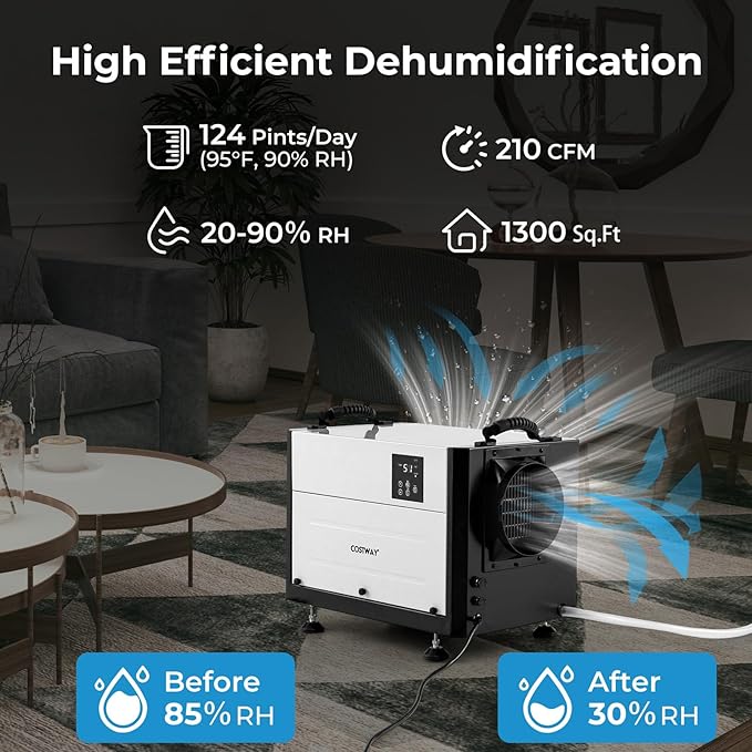 COSTWAY 124 PPD Commercial Dehumidifier, 1300 Sq.Ft Crawl Space Dehumidifier with 9.8 FT Drain Hose & Wired Remote Control Panel, Ideal for Basement, Warehouse, Job Site (White) - Image 4