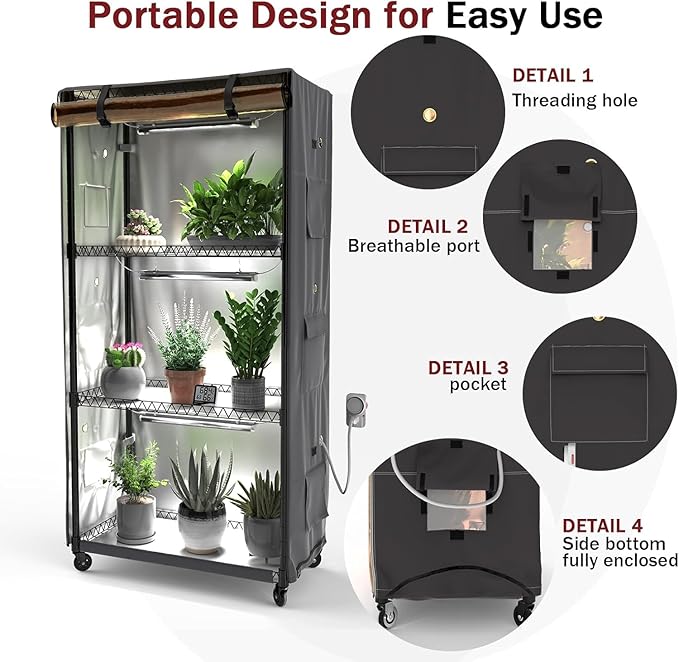 Indoor Greenhouse with Clear Cover – 4-Tier Portable Plant Stand with 3 T8 Grow Lights, Timer, Thermometer, Ventilation, Seed Starter for Herbs, Seedlings, Flowers (35.8"x13.8"x62.8") - Image 4