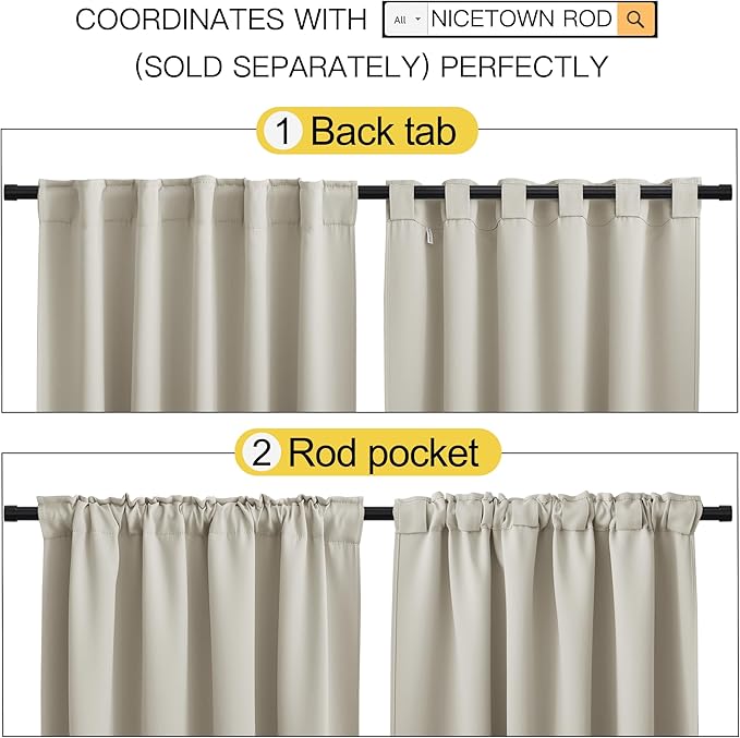NICETOWN Blackout Curtain Panels for Kitchen - (Natural Color) 29x36 inch, 2 Panels Set, Room Darkening Blackout Drapes for Window - Image 3