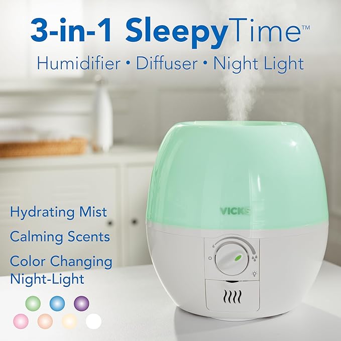 Vicks Humidifier 3-in-1 SleepyTime Cool Mist Humidifier for Baby & Kids Rooms with Color Changing Night Light and Essential Oil Diffuser, White - Image 3