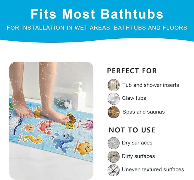 XIYUNTE Baby Bath Mat for Tub Non Slip Kids Bath Mat - 40"x16" Extra Long Bathtub Mat Non Slip Kids, Eco-Friendly Toddler Bath Mats with Suction Cups for Secure Grip, Easy to Clean & Easy Drying - Image 6