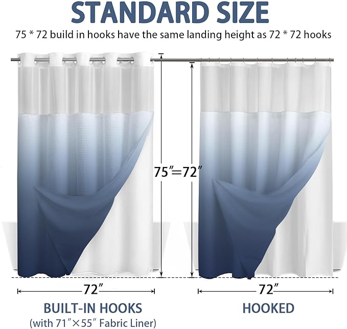 No Hook Shower Curtain and Liner Set,Ombre Blue Hotel Waffle Shower Curtain with Liner 75" L x 72" W - Image 6