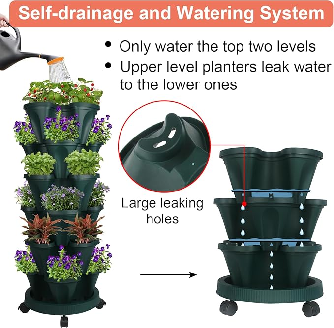 GameXcel Vertical Planter 6 Tier Stackable Planters Garden Planters Strawberry Herb Flower and Vegetable Planter Indoor Outdoor Gardening Pots with Removable Wheels and Tools - Image 4
