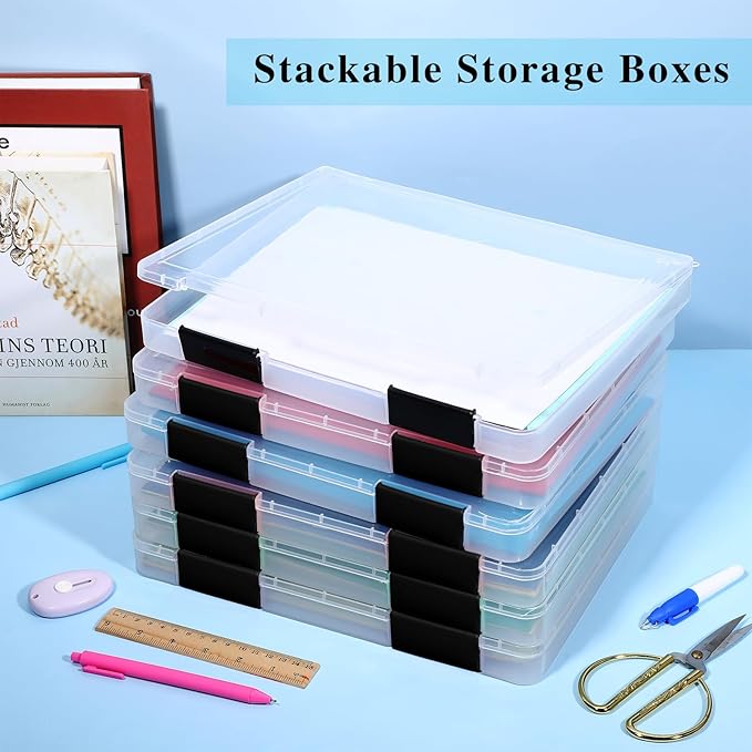 PerKoop 6 Pcs Clear Paper Storage Box A4 Plastic File Box Document Paper Organizer Storage Board Game Project Cases Containers with Buckle for Craft, Magazine(12.4 x 9.84 x 1.18 Inches,Black) - Image 6