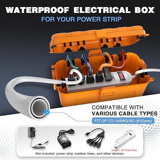 Flemoon [2 Pack] Outdoor Electrical Box Waterproof, Medium Weatherproof Electrical Box (11.5x5.2x4 inch) w/6 Cable Entry Ports, Extension Cord Cover for Power Strip, Timer, Holiday Light, Orange - Image 2