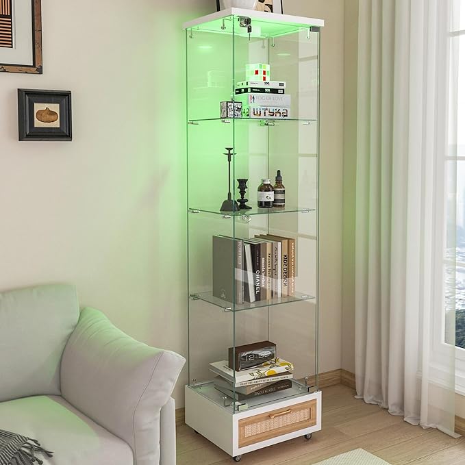 Yoluckea 4 Tiers Glass Display Cabinet with LED Lighting and Drawer, 1 Door Floor Standing Curio Cabinet with Wheel for Home, Office, Corner Display, White Glass Bookshelf for Collections and Decor - Image 8