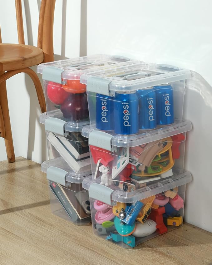 Plastic Storage Bins 7 Quart-Storage Organizer Bins with Grey Buckle Lids, Stackable Storage Bins with Lids for Home Office Kids Room Closet School Art Supplies Organization,6 Packs, Clear - Image 8