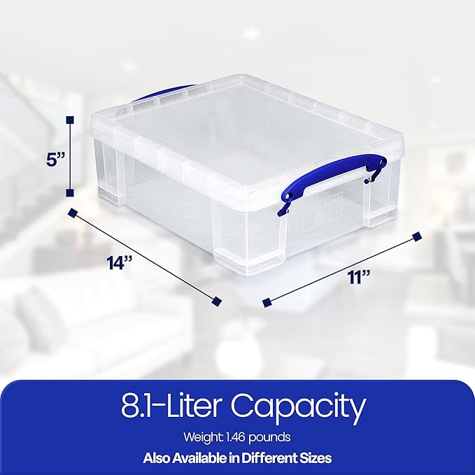 Really Useful Box Stackable 8.1 Liter Plastic Storage Container Bin with Snap Lid & Built-In Clip Lock Handles for Home & Office Organization (5 Pack) - Image 2