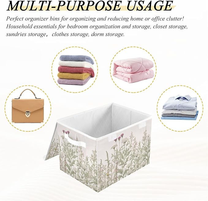 xigua Vintage Colorful Herbs and Wild Flowers Floral Storage Bins with Lids and Carrying Handle,Foldable Storage Boxes Organizer Containers Baskets Cube with Cover for Home Bedroom Closet Office - Image 6