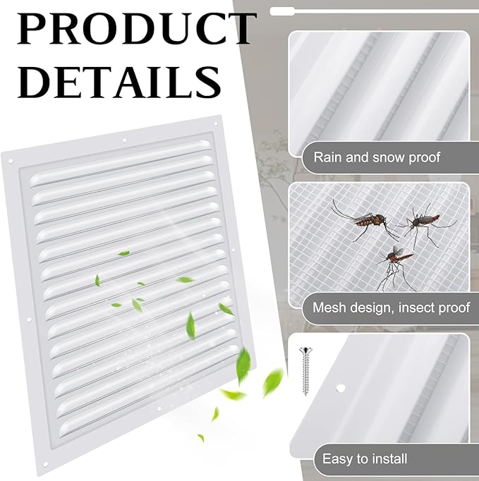 2 Pcs 12" x 12" Gable Vent Shed Attic Vent with Screen Mesh Square Metal Vent Covers Vent Grille for Exterior Door House Attic Garage Ceiling, Boost Ventilation and Guard Against Moisture (White) - Image 4
