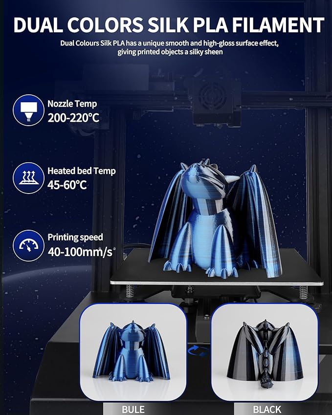 LANDU Silk Dual Color PLA Filament 1.75mm 1KG, 3D Printer Filament Dimensional Accuracy +/- 0.02mm, Coextrusion Filament PLA Shiny Filament Fits for Most FFF 3D Printers,1KG Spool (2.2lbs) Black Blue - Image 3