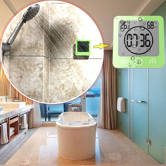 Waterproof Bathroom Wall Clock and Timer, Digital Water Resistant Hanging Timer for Shower, Large Display Kitchen Cooking Countdown Timers, Mirror Suction Clock with Temperature Humidity Meter (Green) - Image 3